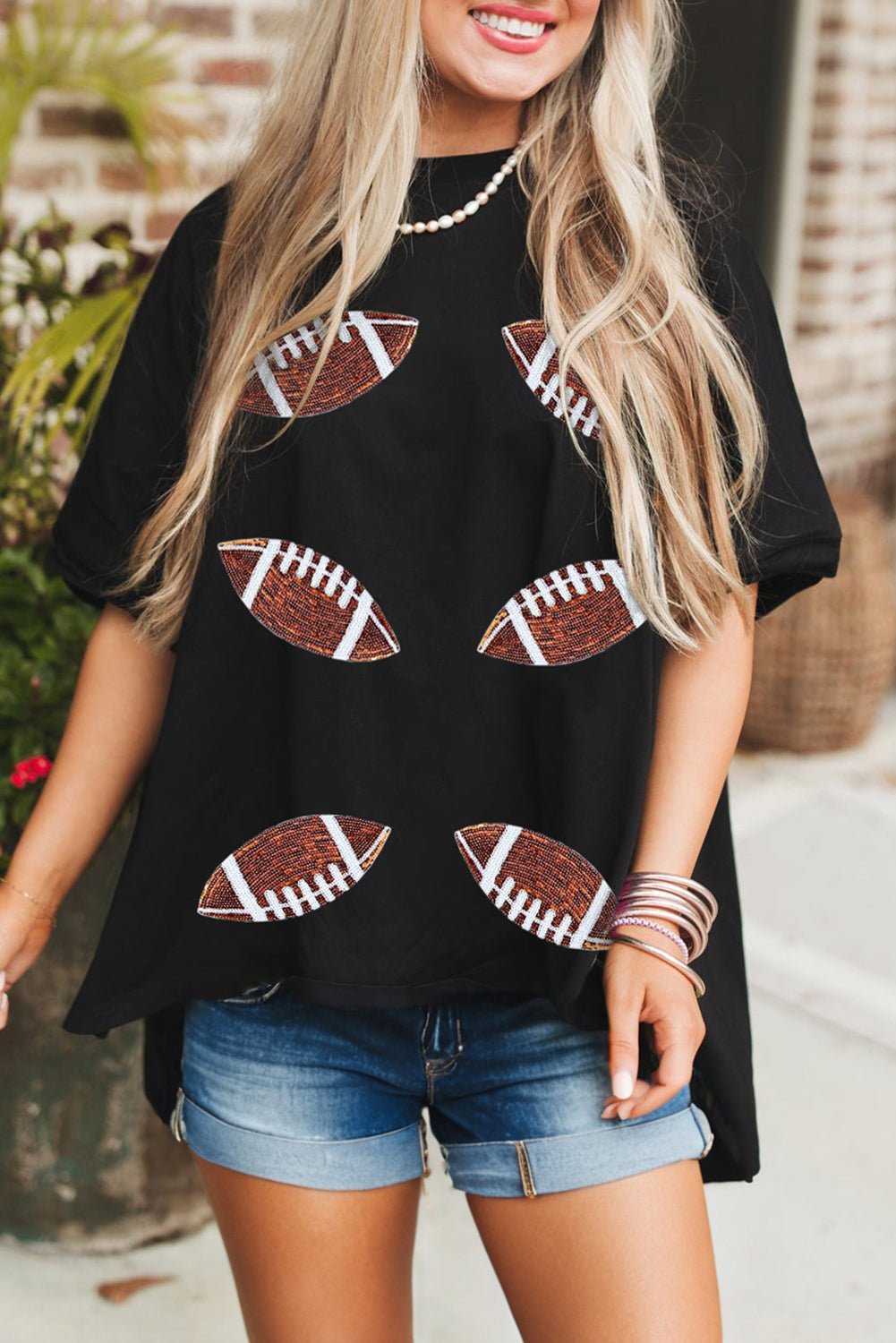 Black Sequin Football Patched Crewneck Loose T Shirt - MAD RUFFI