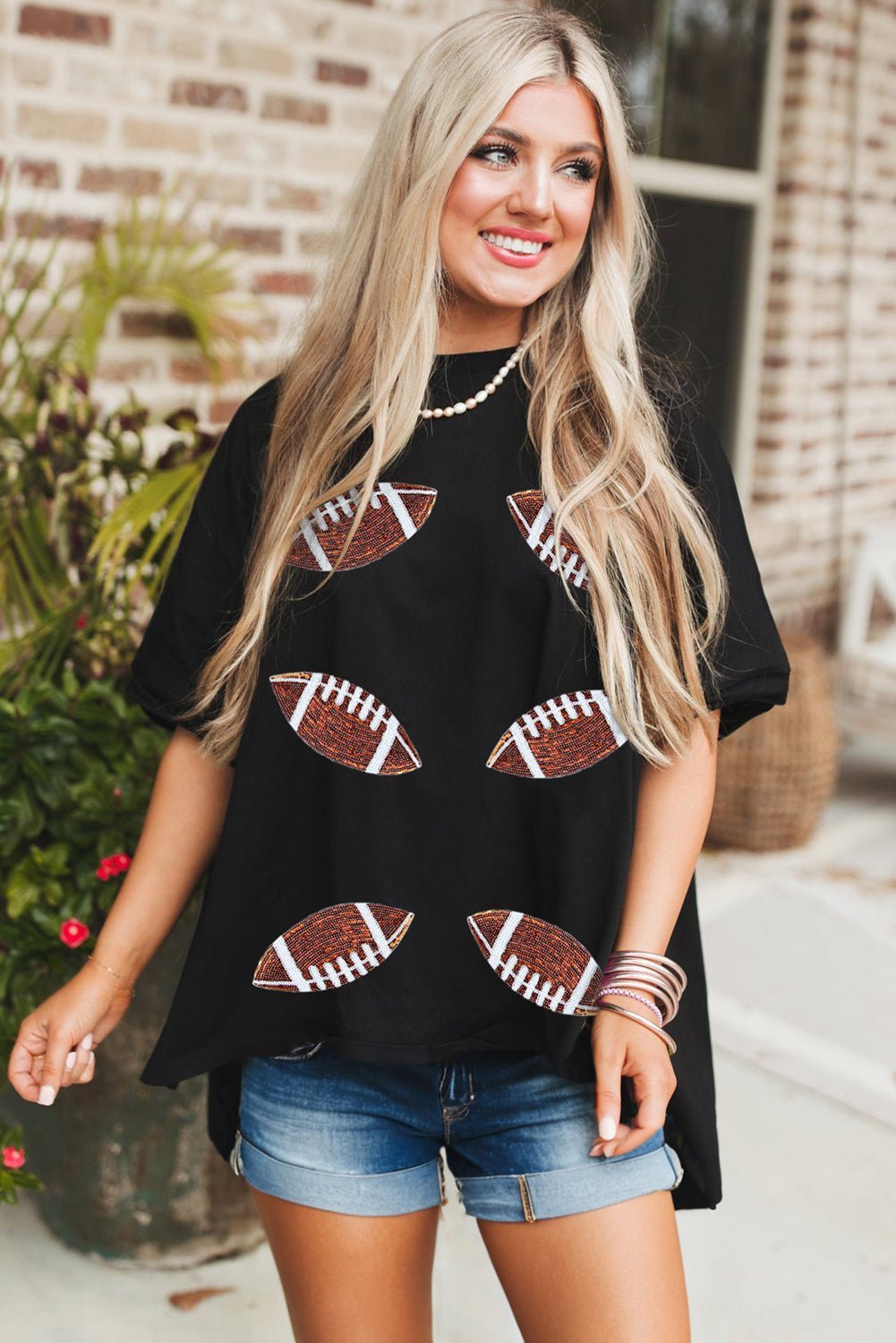 Black Sequin Football Patched Crewneck Loose T Shirt - MAD RUFFI