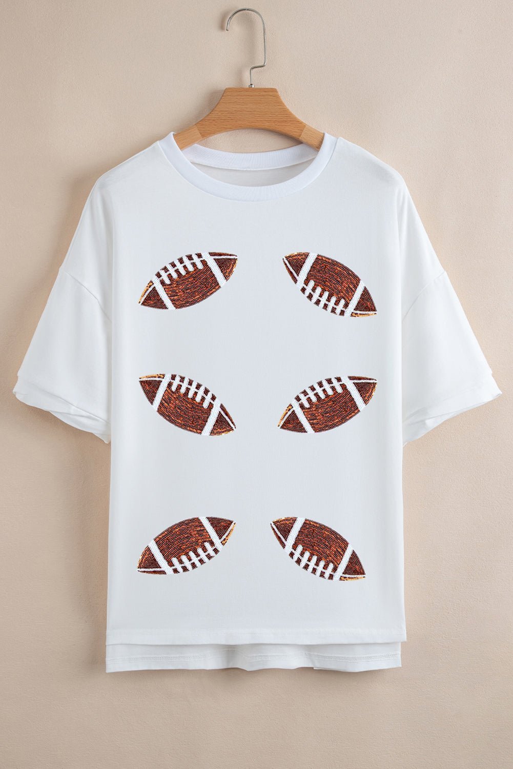 Black Sequin Football Patched Crewneck Loose T Shirt - MAD RUFFI