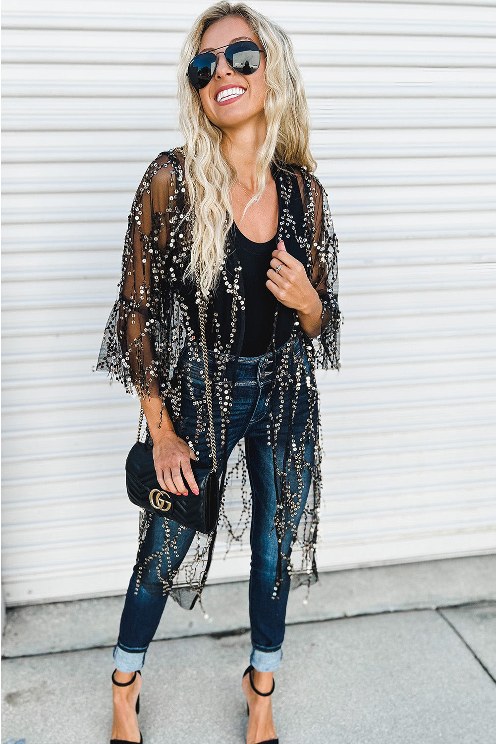 Black Sequin Sheer Casual Open Front Cover Up - MAD RUFFI