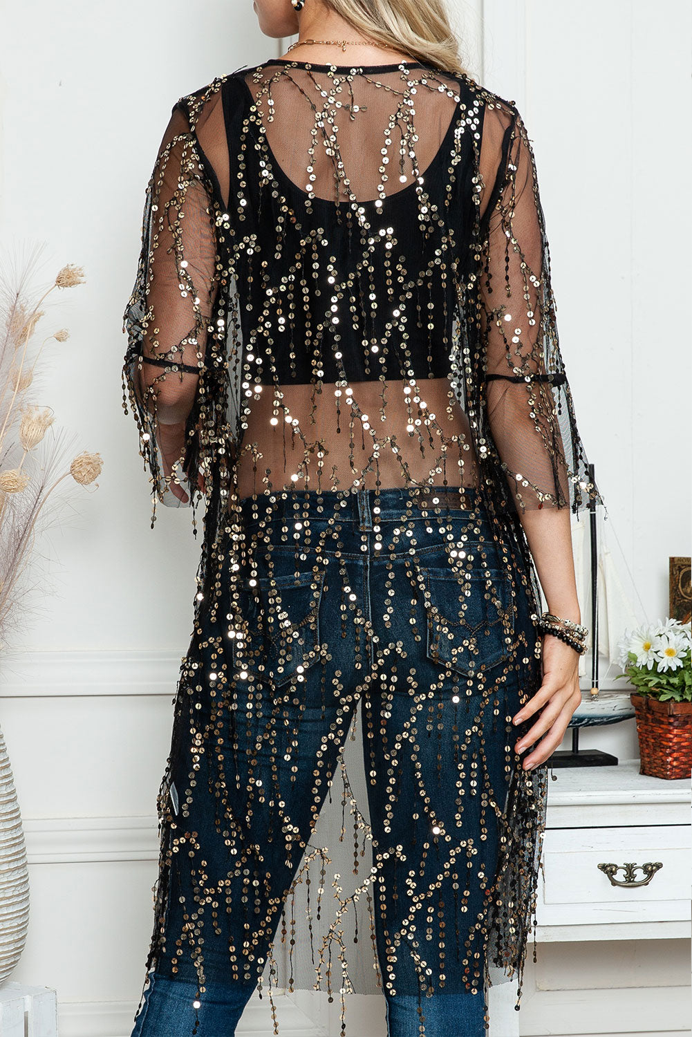 Black Sequin Sheer Casual Open Front Cover Up - MAD RUFFI