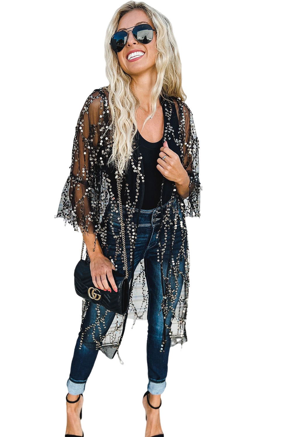 Black Sequin Sheer Casual Open Front Cover Up - MAD RUFFI