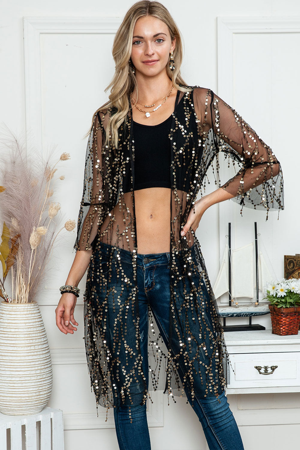 Black Sequin Sheer Casual Open Front Cover Up - MAD RUFFI