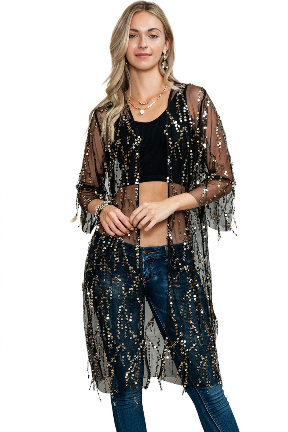 Black Sequin Sheer Casual Open Front Cover Up - MAD RUFFI