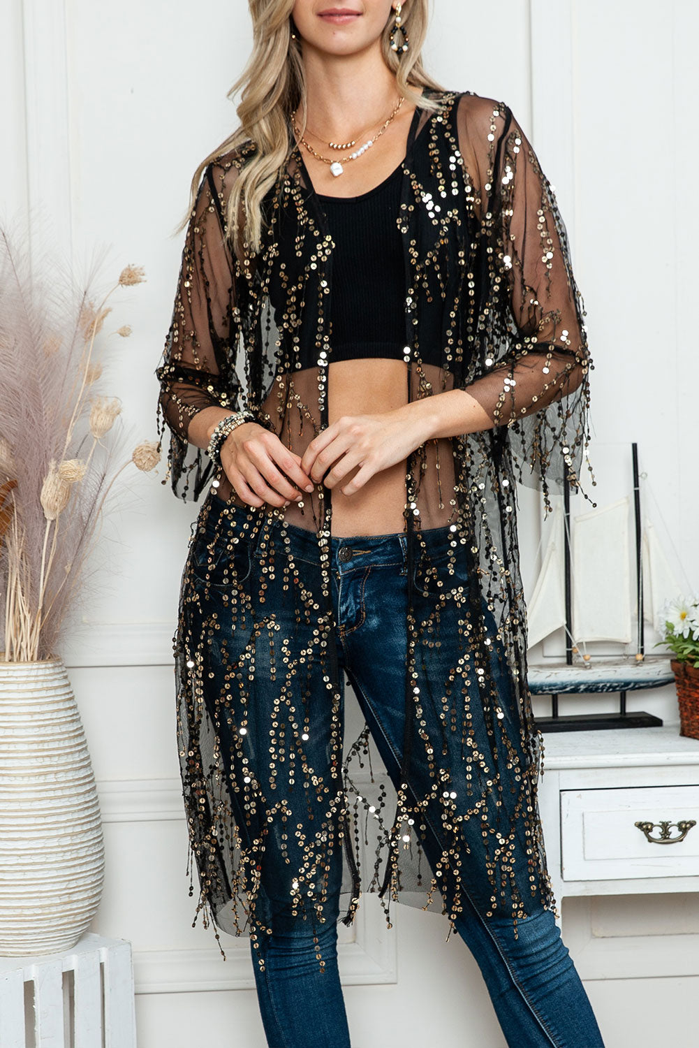 Black Sequin Sheer Casual Open Front Cover Up - MAD RUFFI