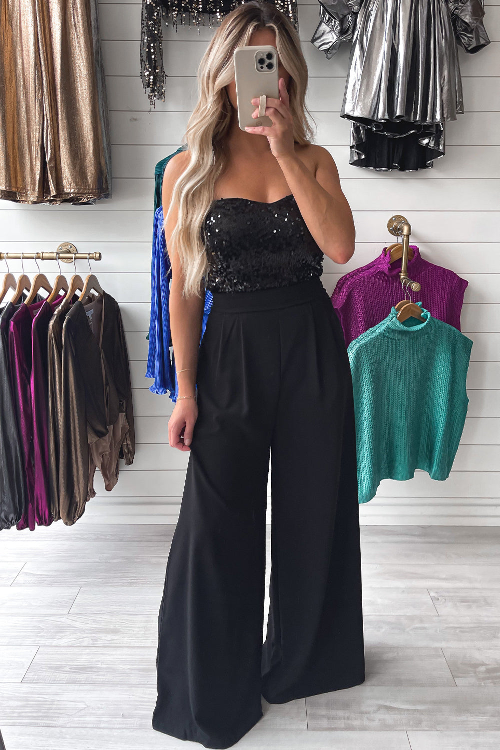 Black Sequin Tube Top Floor Length Wide Leg Jumpsuit - MAD RUFFI