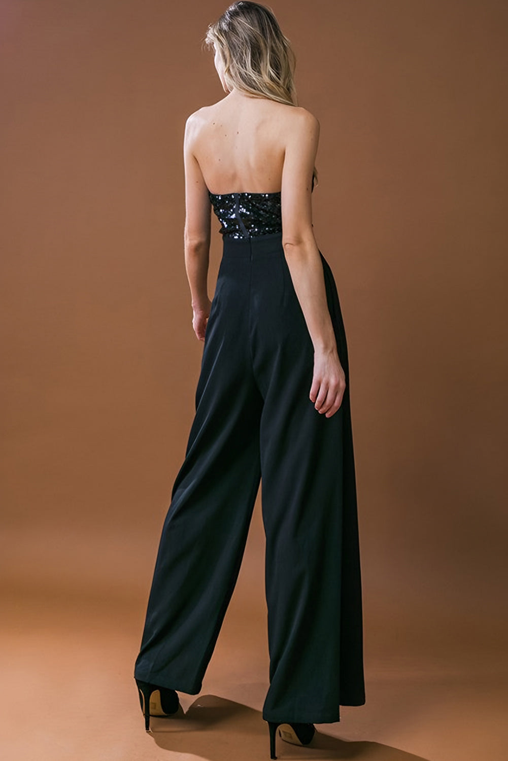 Black Sequin Tube Top Floor Length Wide Leg Jumpsuit - MAD RUFFI