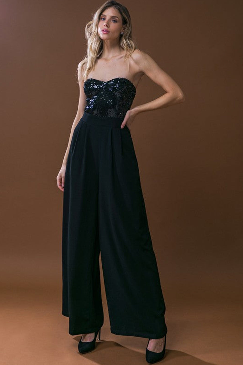 Black Sequin Tube Top Floor Length Wide Leg Jumpsuit - MAD RUFFI