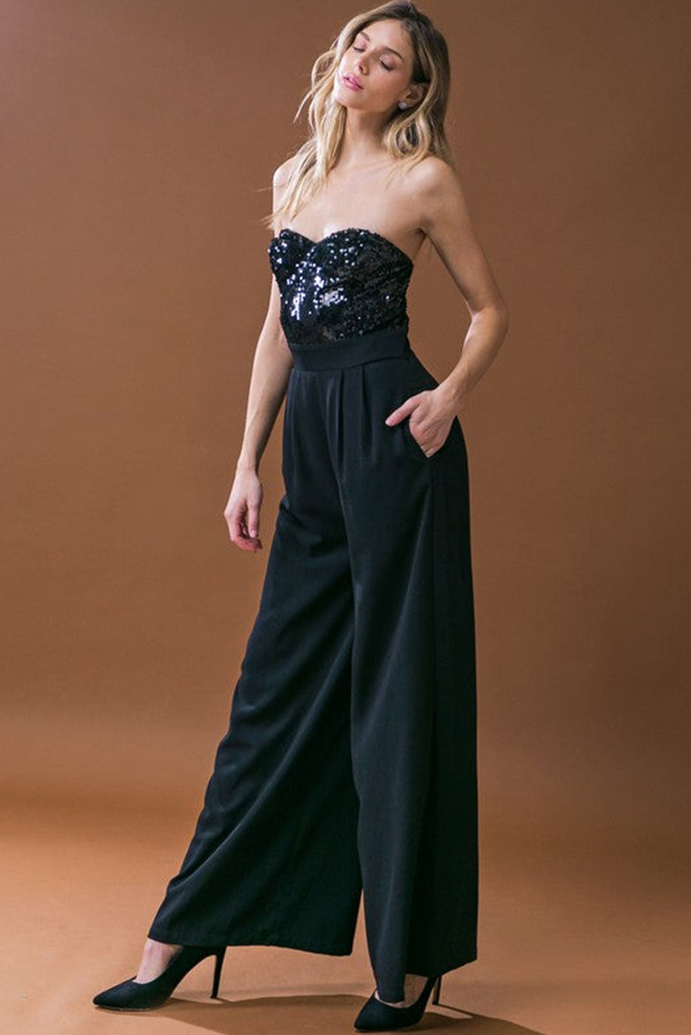 Black Sequin Tube Top Floor Length Wide Leg Jumpsuit - MAD RUFFI