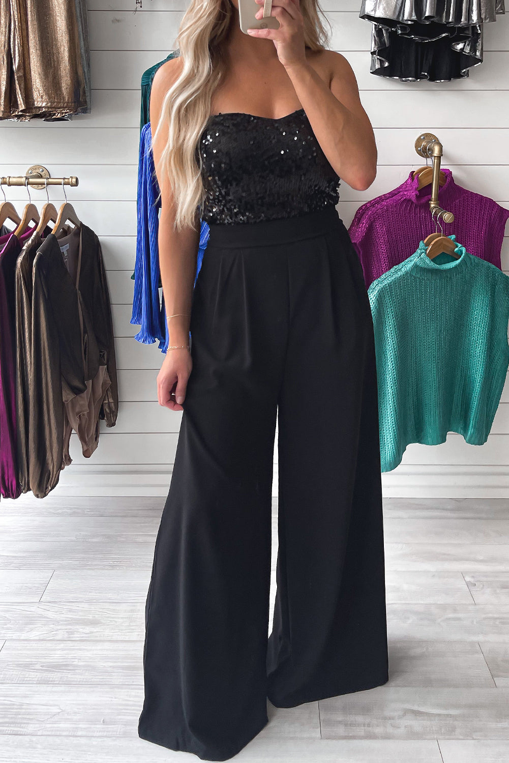 Black Sequin Tube Top Floor Length Wide Leg Jumpsuit - MAD RUFFI