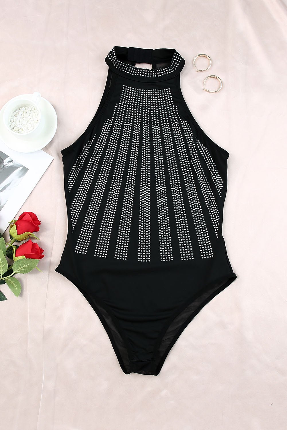 black sexy rhinestone sleeveless high neck bodysuit - MAD RUFFI