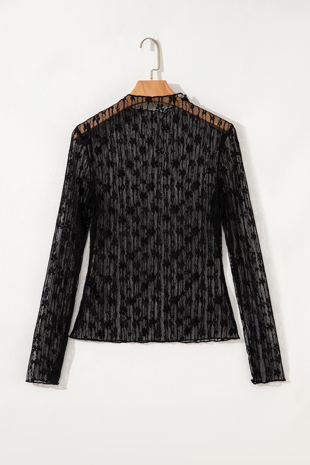 Black Sheer Floral Lace Long Sleeve Slim Fit Top - MAD RUFFI