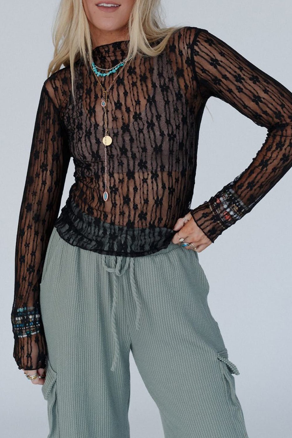 Black Sheer Floral Lace Long Sleeve Slim Fit Top - MAD RUFFI