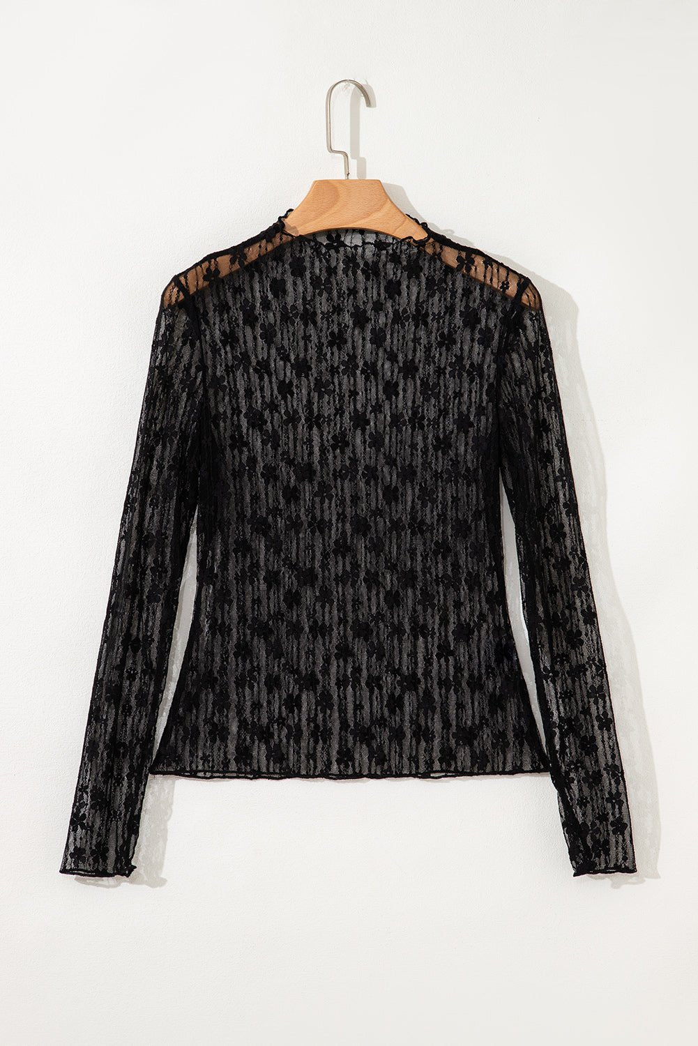 Black Sheer Floral Lace Long Sleeve Slim Fit Top - MAD RUFFI