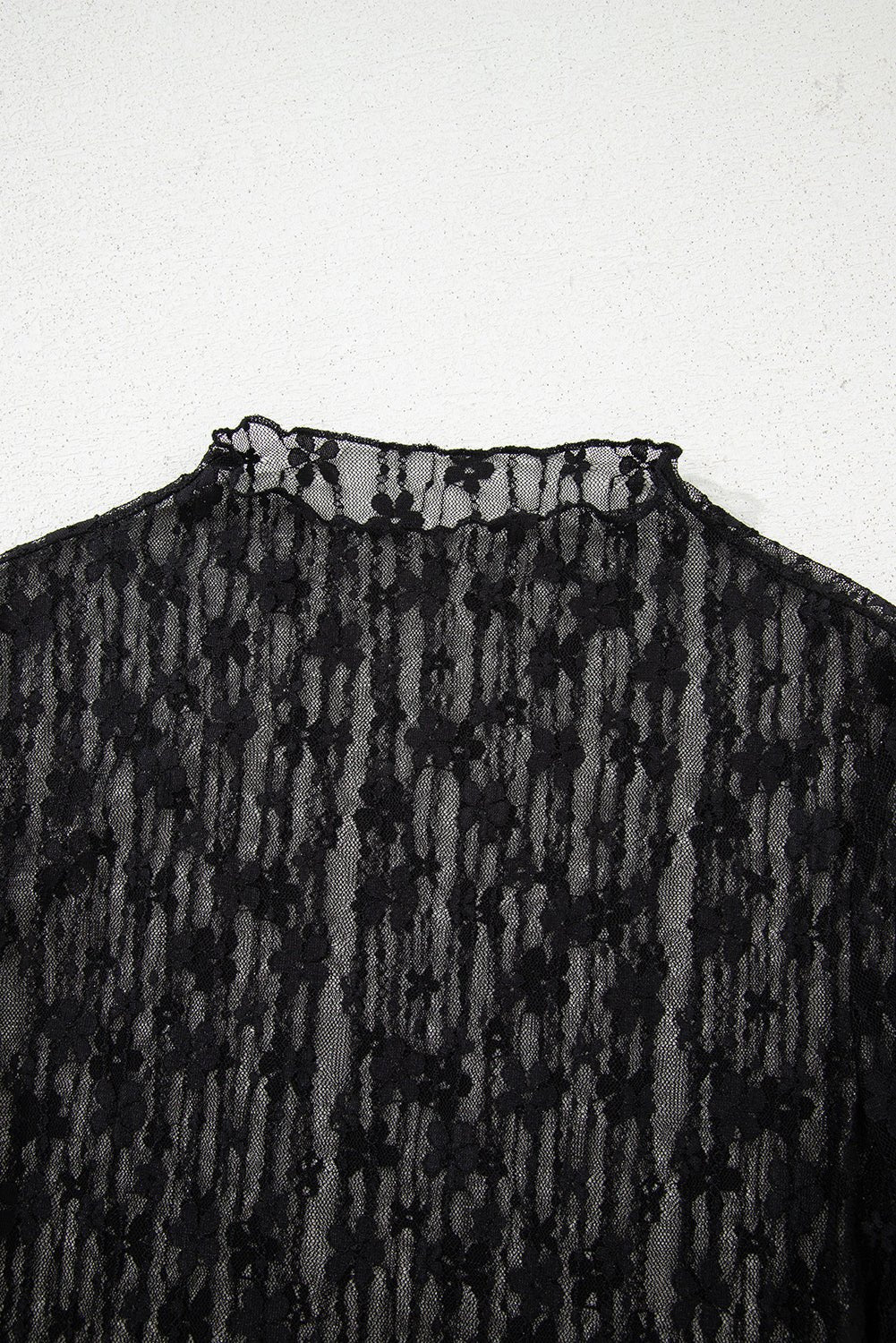 Black Sheer Floral Lace Long Sleeve Slim Fit Top - MAD RUFFI