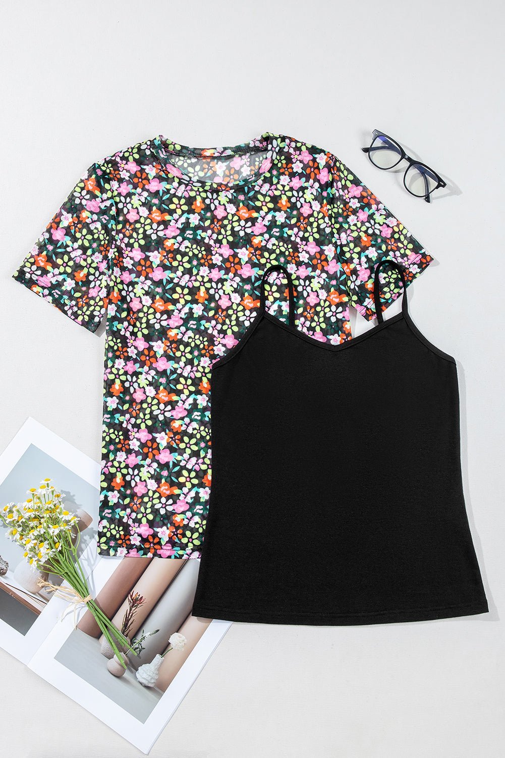 Black Sheer Mesh Floral Round Neck T Shirt with Camisole - MAD RUFFI