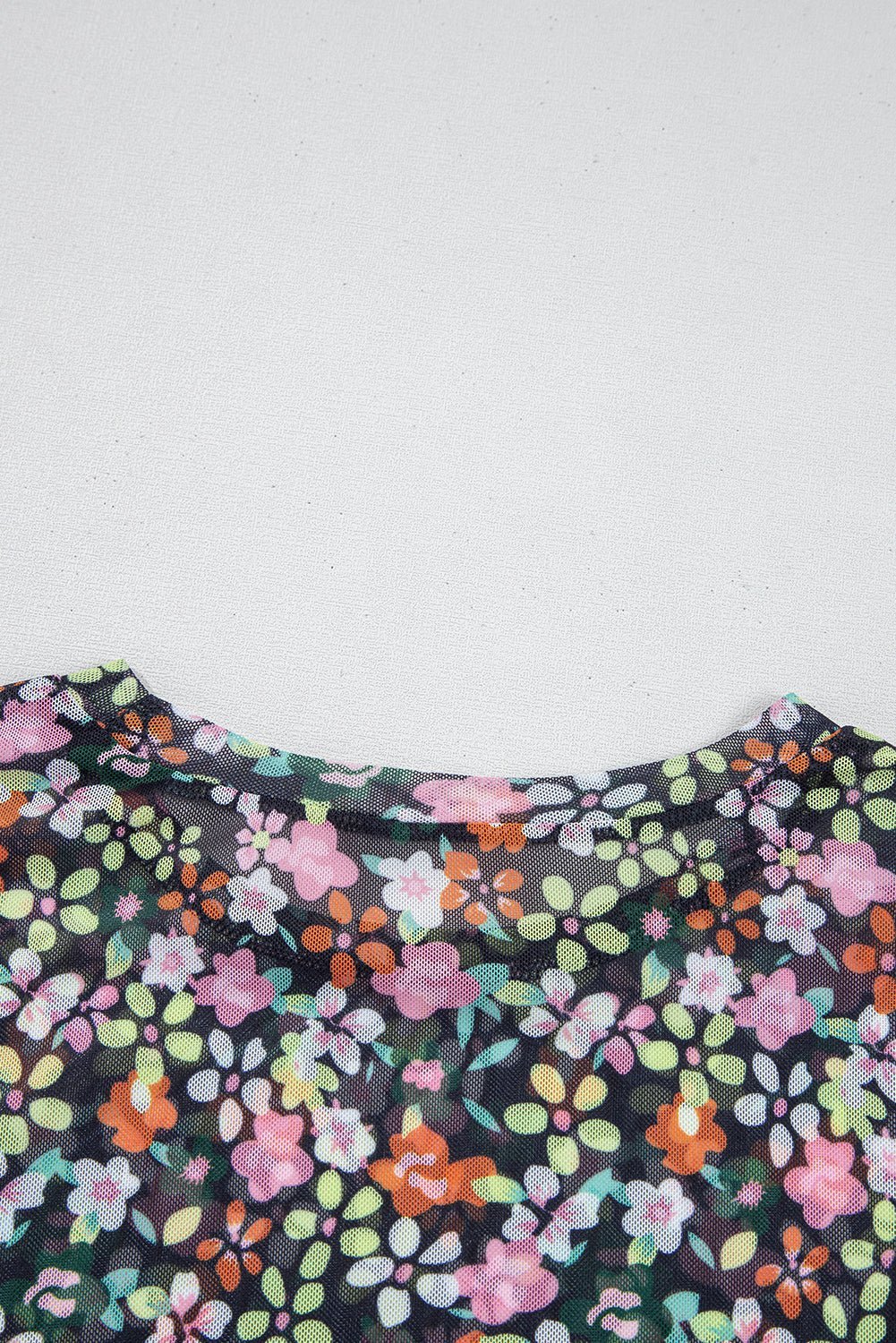 Black Sheer Mesh Floral Round Neck T Shirt with Camisole - MAD RUFFI