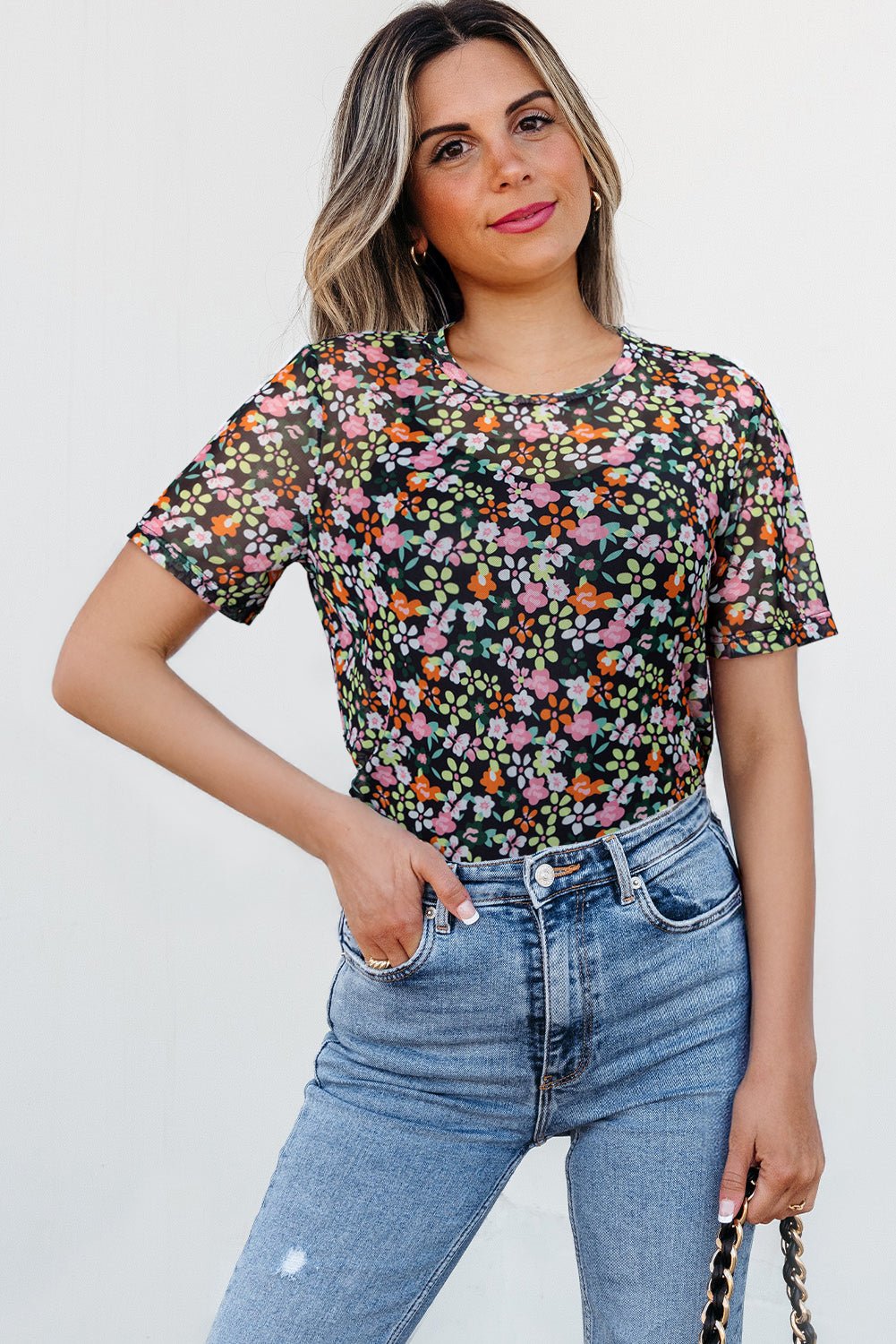 Black Sheer Mesh Floral Round Neck T Shirt with Camisole - MAD RUFFI