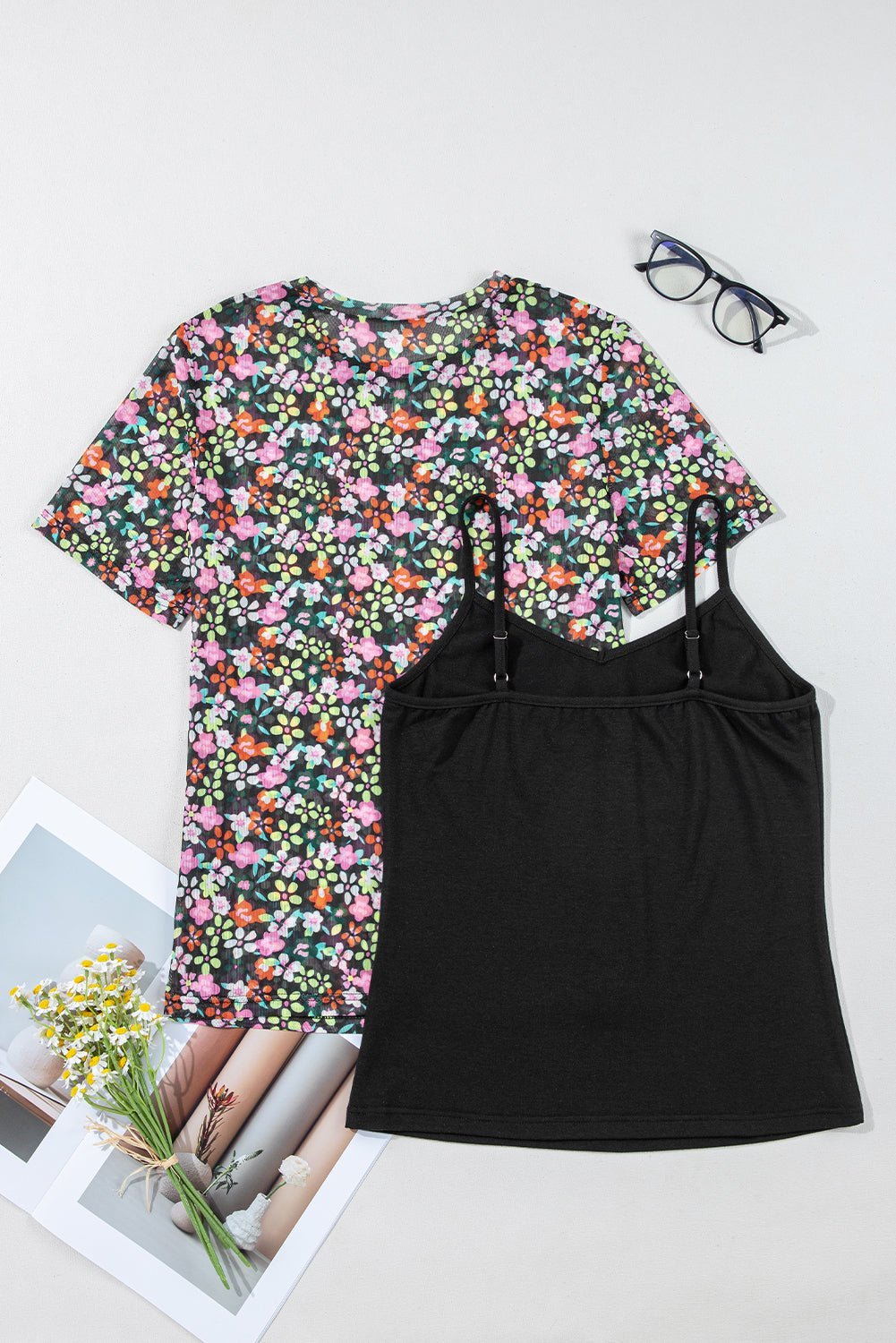 Black Sheer Mesh Floral Round Neck T Shirt with Camisole - MAD RUFFI