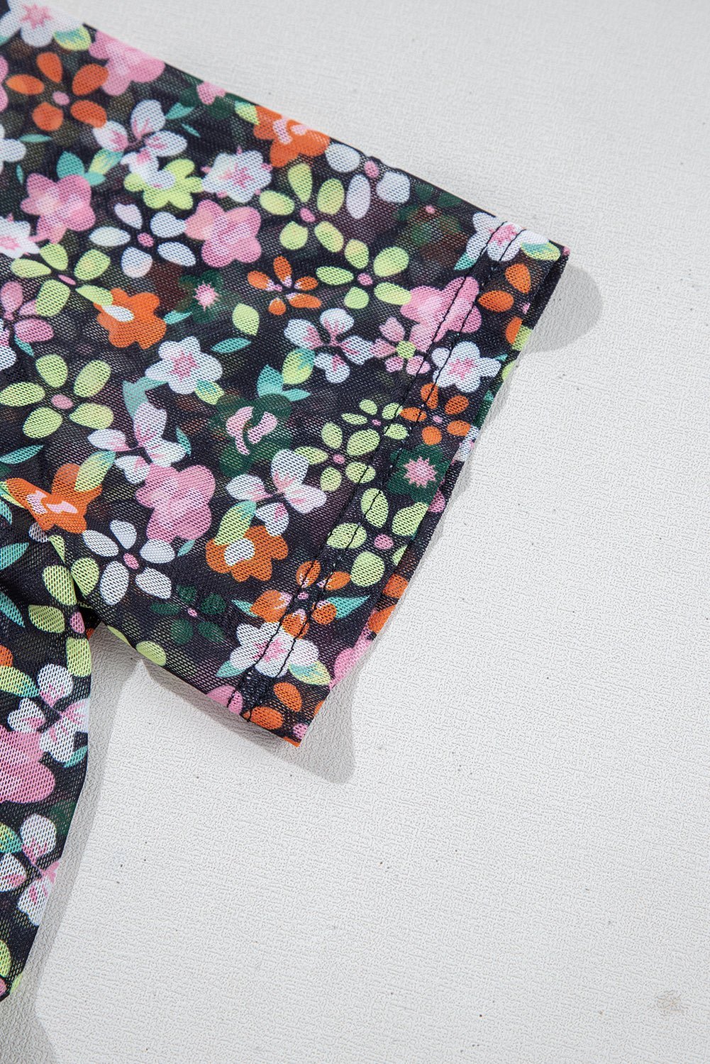 Black Sheer Mesh Floral Round Neck T Shirt with Camisole - MAD RUFFI