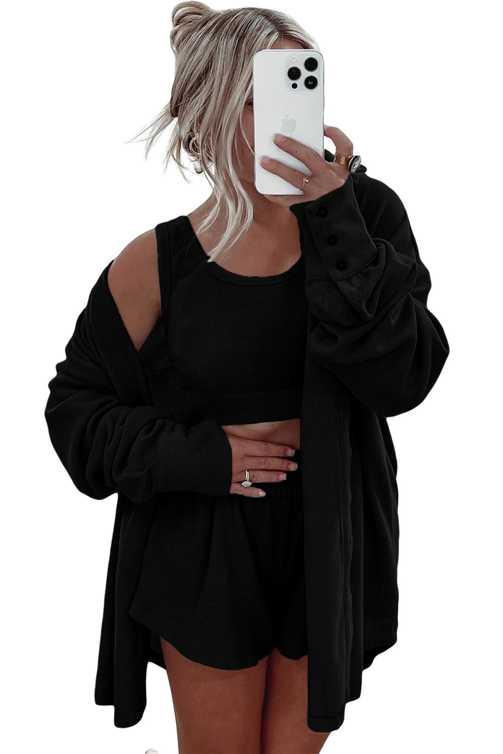 Black Shirred Hem Crop Tank Top Loose Shorts Cardigan 3 Piece Pajama Set - MAD RUFFI
