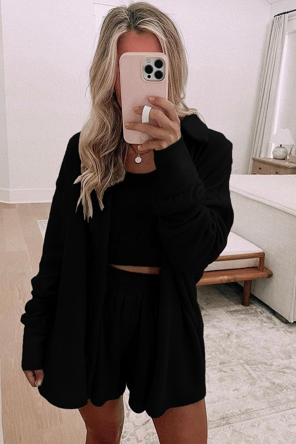 Black Shirred Hem Crop Tank Top Loose Shorts Cardigan 3 Piece Pajama Set - MAD RUFFI