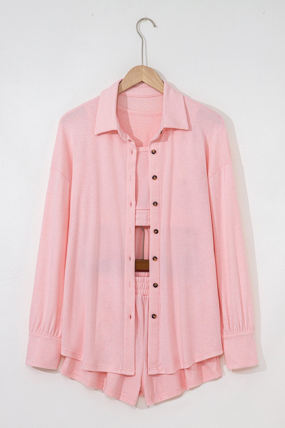 Black Shirred Hem Crop Tank Top Loose Shorts Cardigan 3 Piece Pajama Set - MAD RUFFI