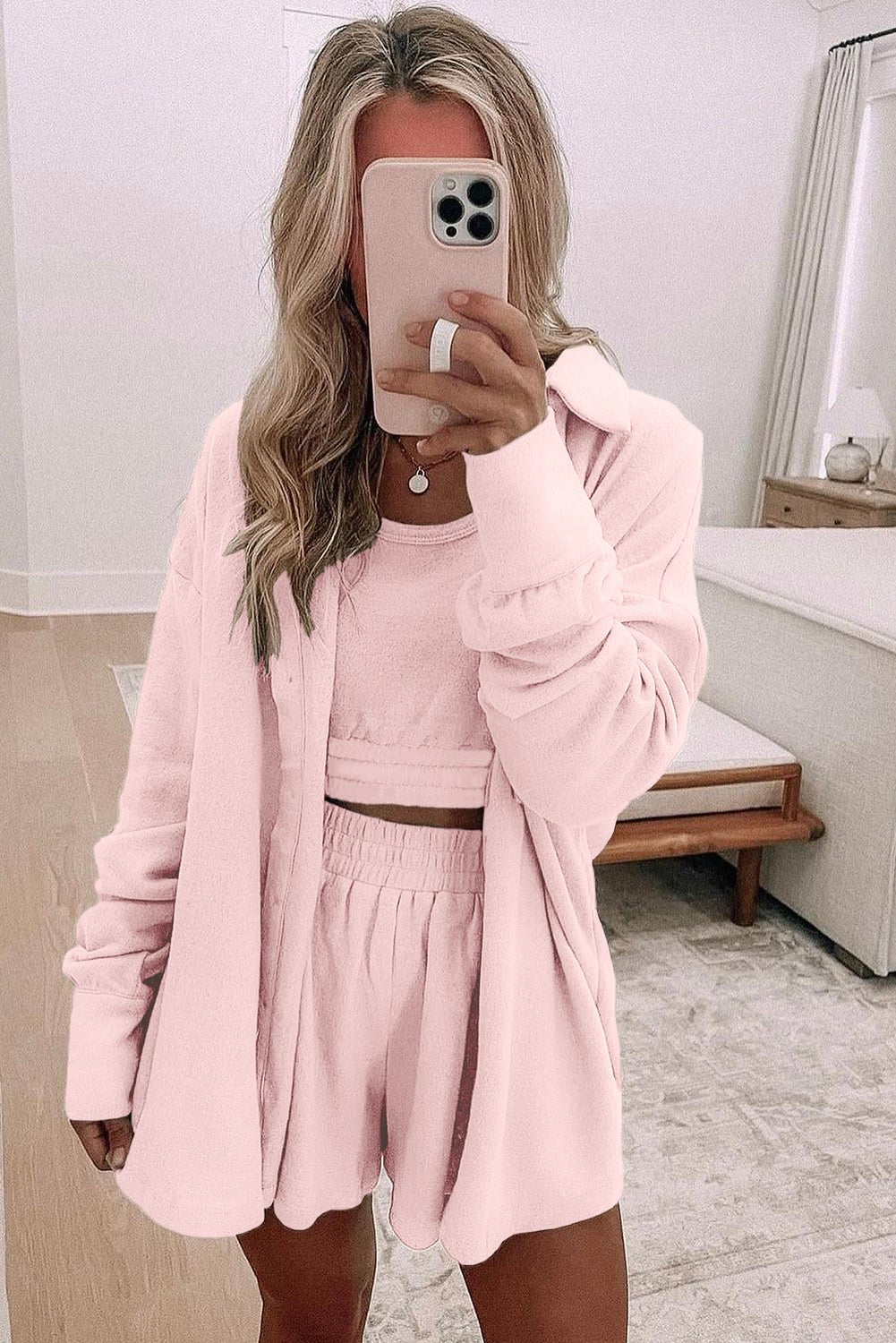 Black Shirred Hem Crop Tank Top Loose Shorts Cardigan 3 Piece Pajama Set - MAD RUFFI