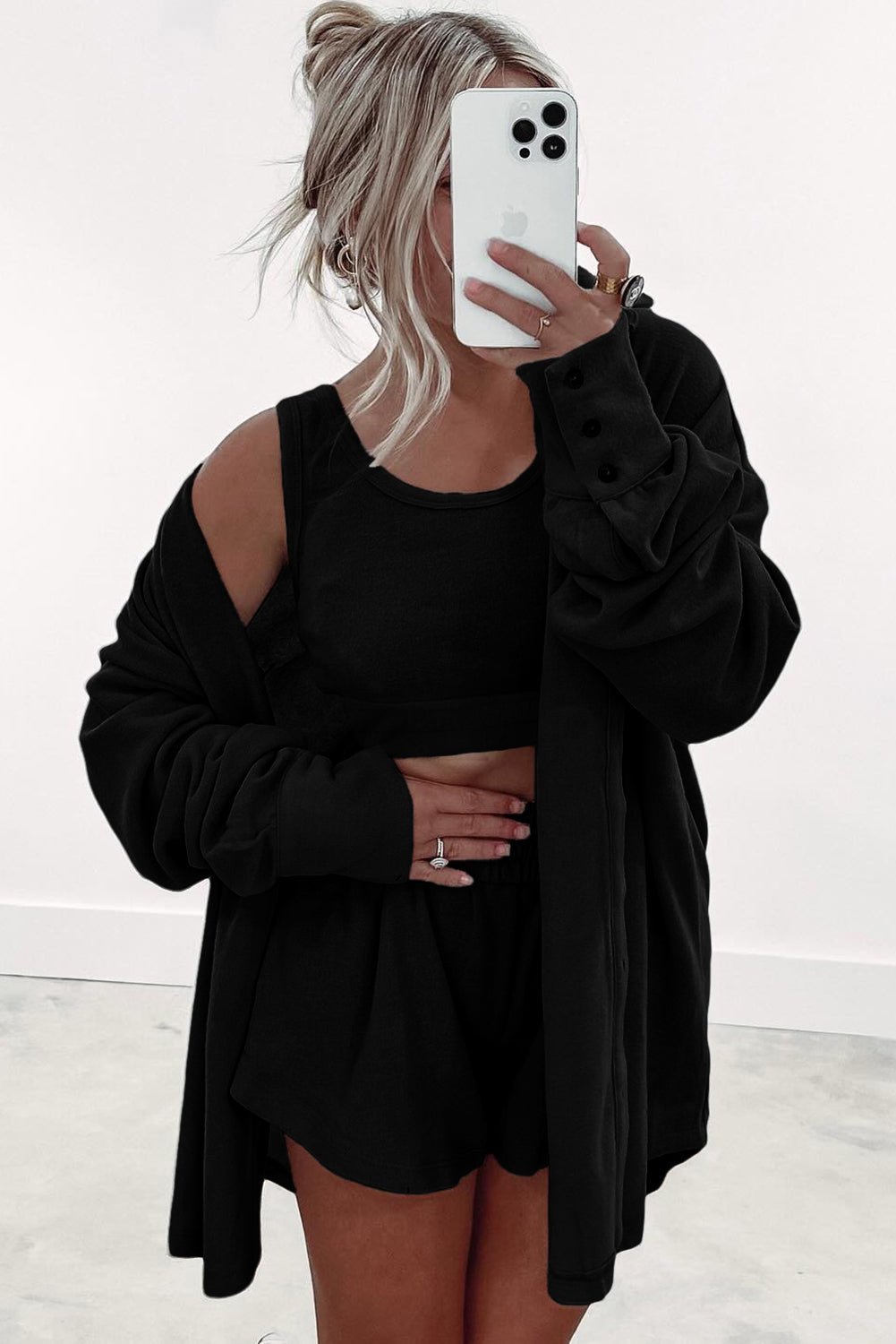 Black Shirred Hem Crop Tank Top Loose Shorts Cardigan 3 Piece Pajama Set - MAD RUFFI