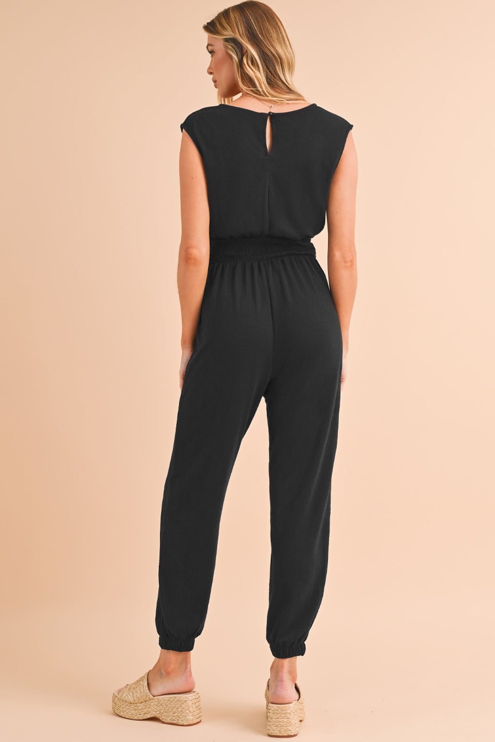 Black Shirred High Waist V Neck Sleeveless Jumpsuit - MAD RUFFI