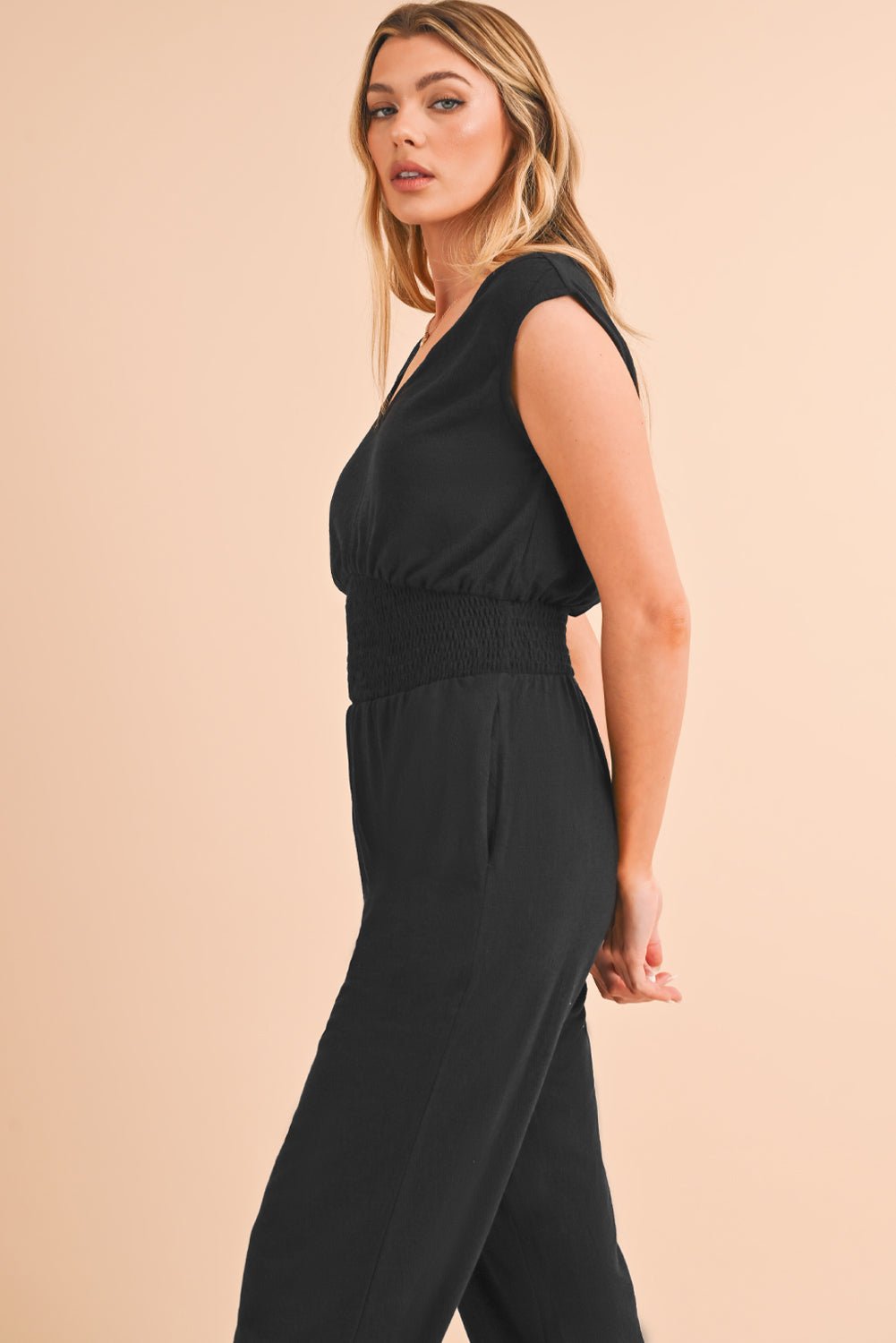 Black Shirred High Waist V Neck Sleeveless Jumpsuit - MAD RUFFI