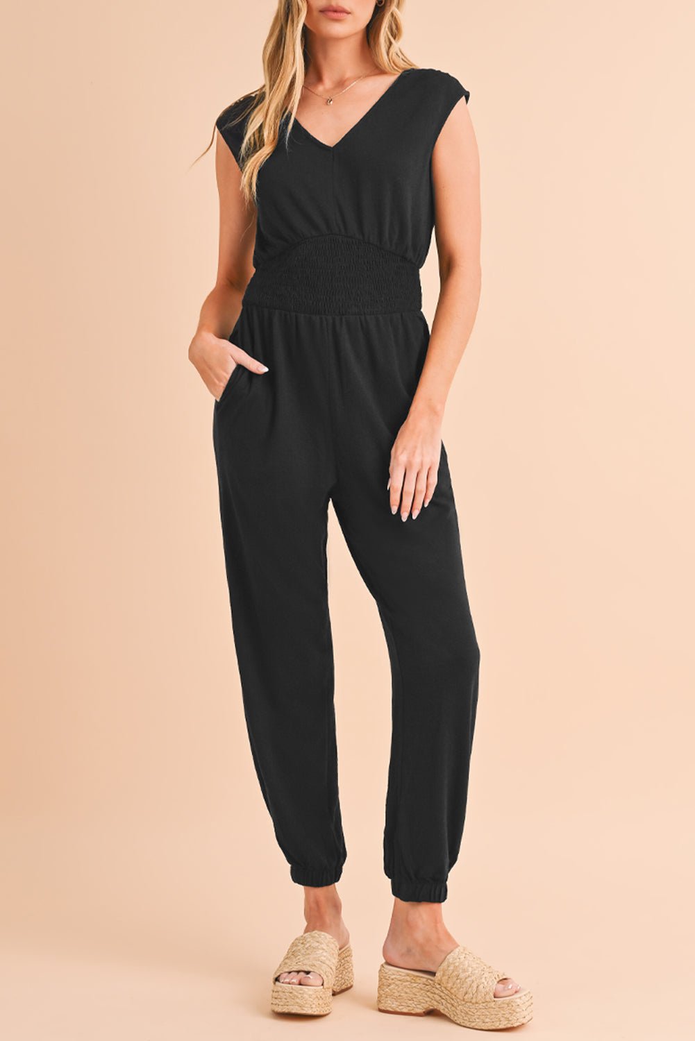 Black Shirred High Waist V Neck Sleeveless Jumpsuit - MAD RUFFI