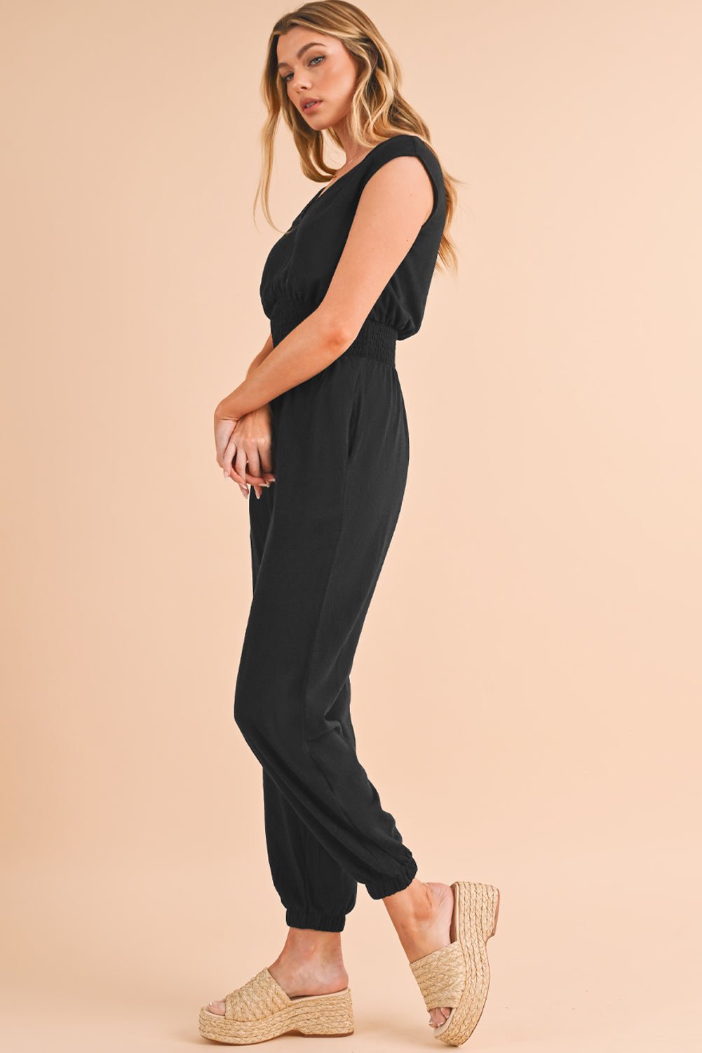 Black Shirred High Waist V Neck Sleeveless Jumpsuit - MAD RUFFI