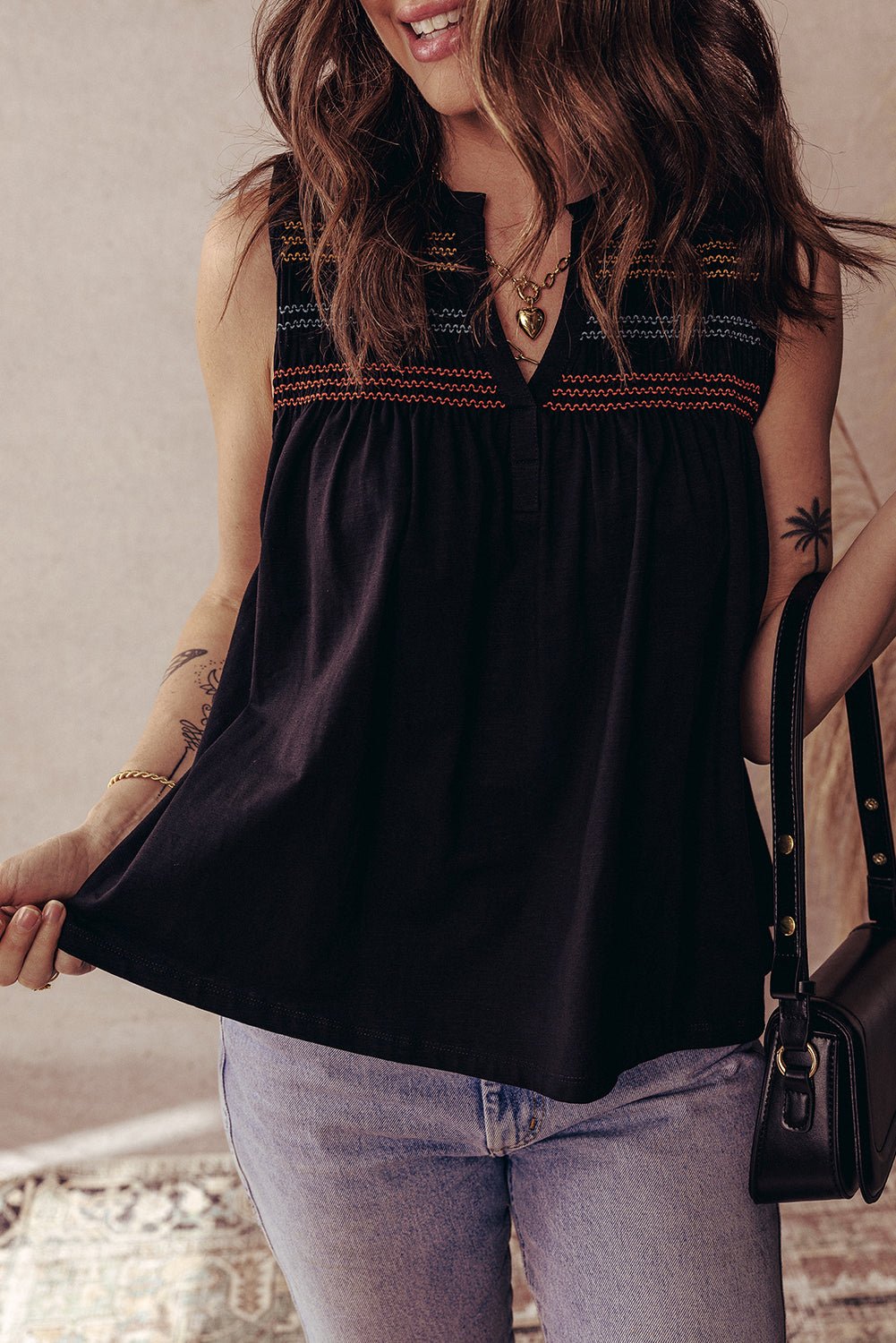 black shirred yoke notched v neck tank top - MAD RUFFI