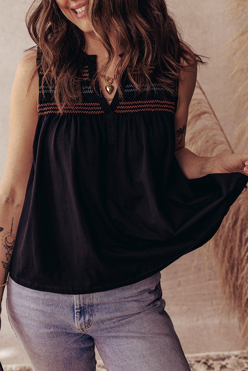 black shirred yoke notched v neck tank top - MAD RUFFI