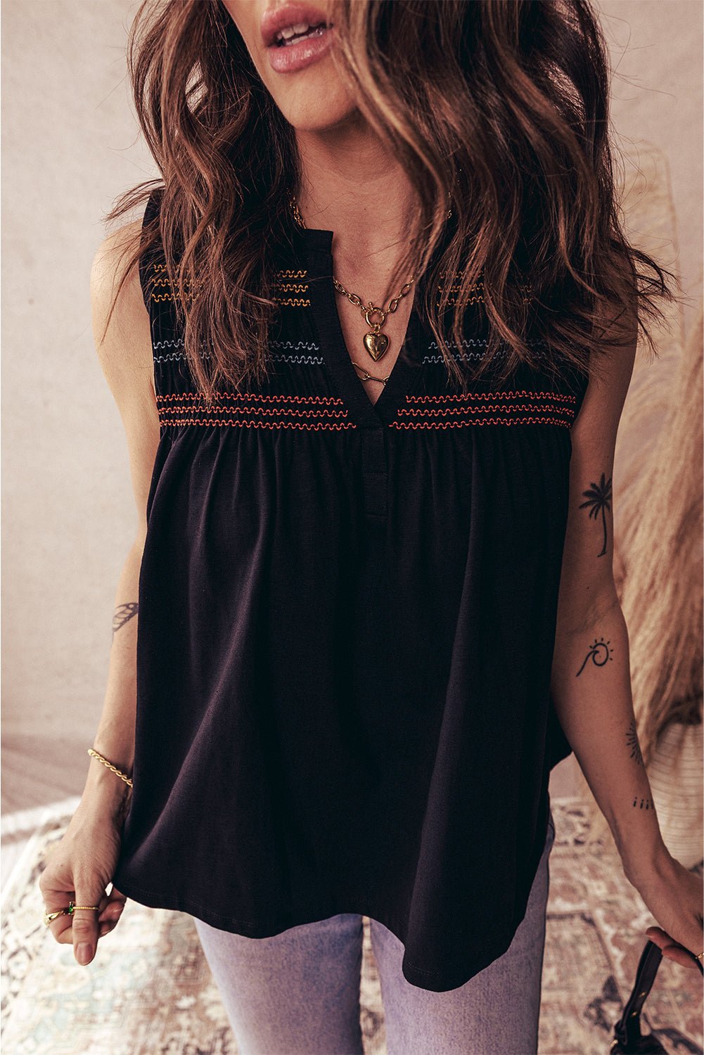 black shirred yoke notched v neck tank top - MAD RUFFI