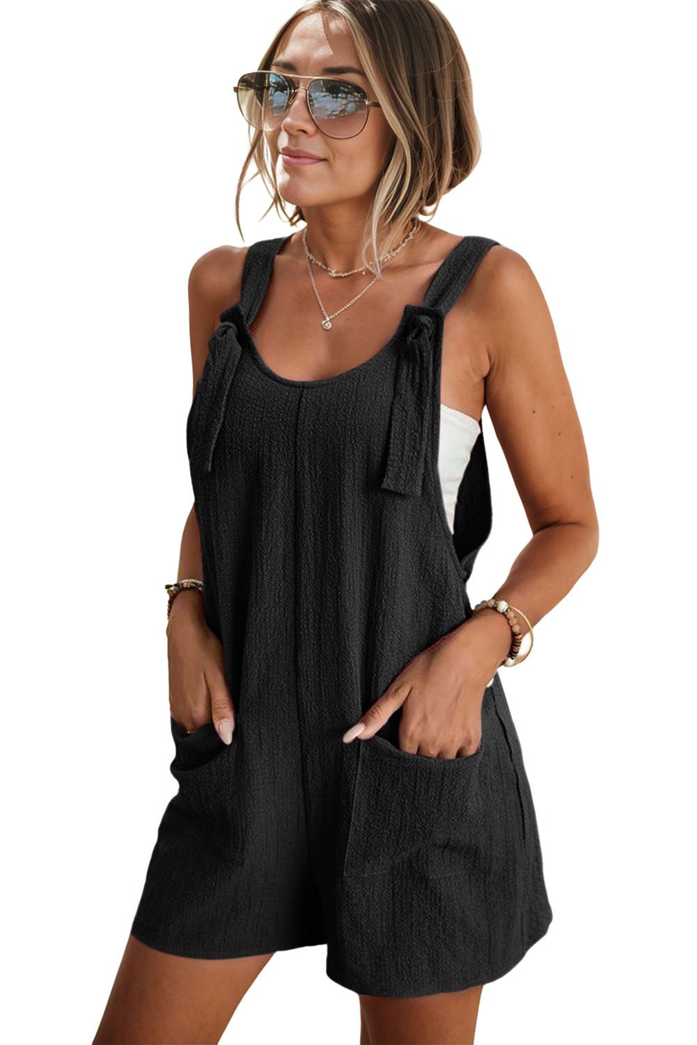 Black Shoulder Strap Pocket Textured Romper - MAD RUFFI