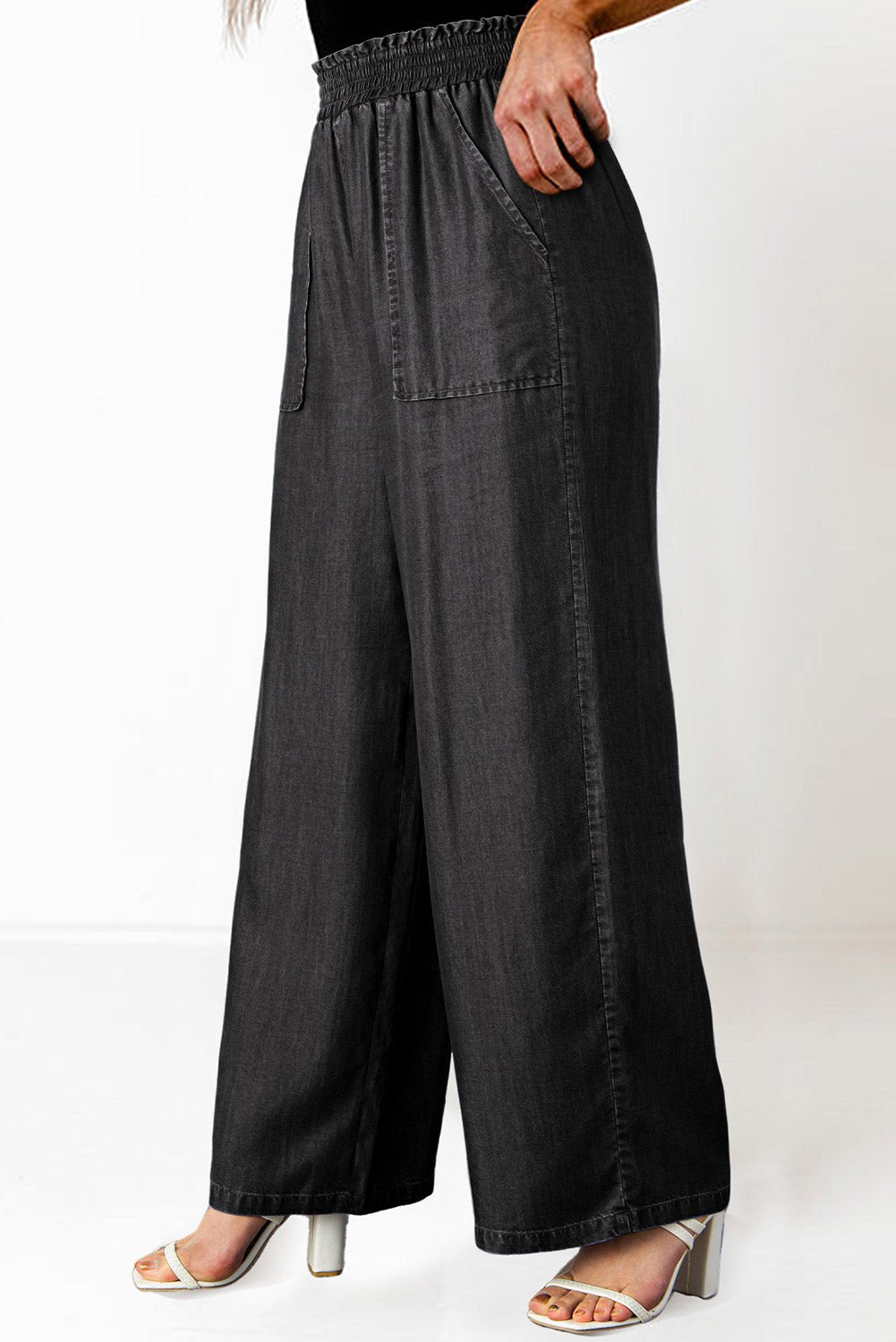 black side pockets frilled smocked high waist wide leg jeans - MAD RUFFI