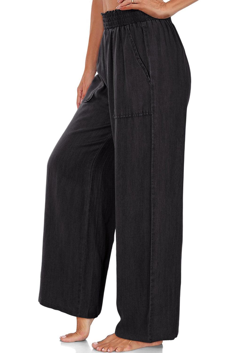 black side pockets frilled smocked high waist wide leg jeans - MAD RUFFI