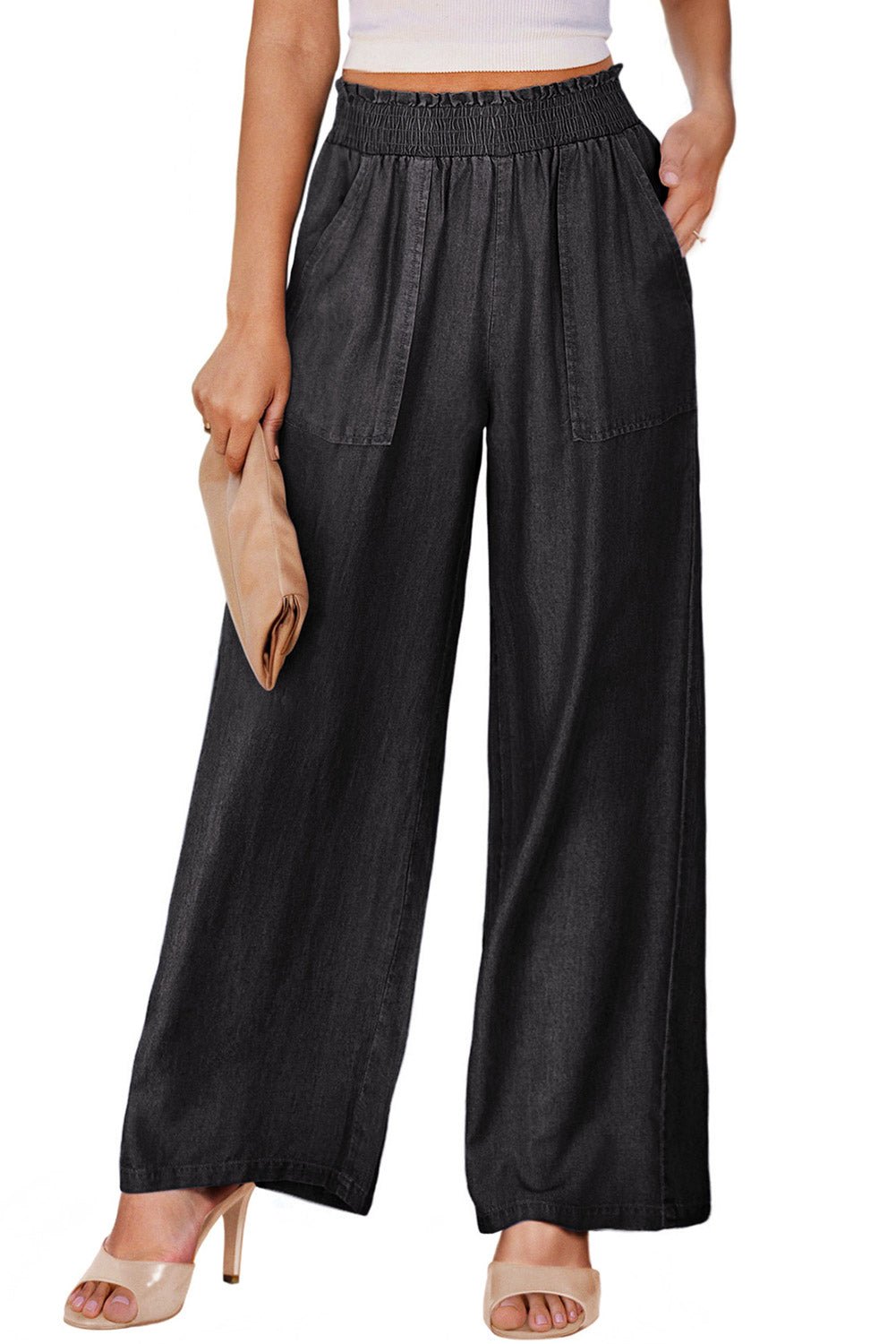 black side pockets frilled smocked high waist wide leg jeans - MAD RUFFI