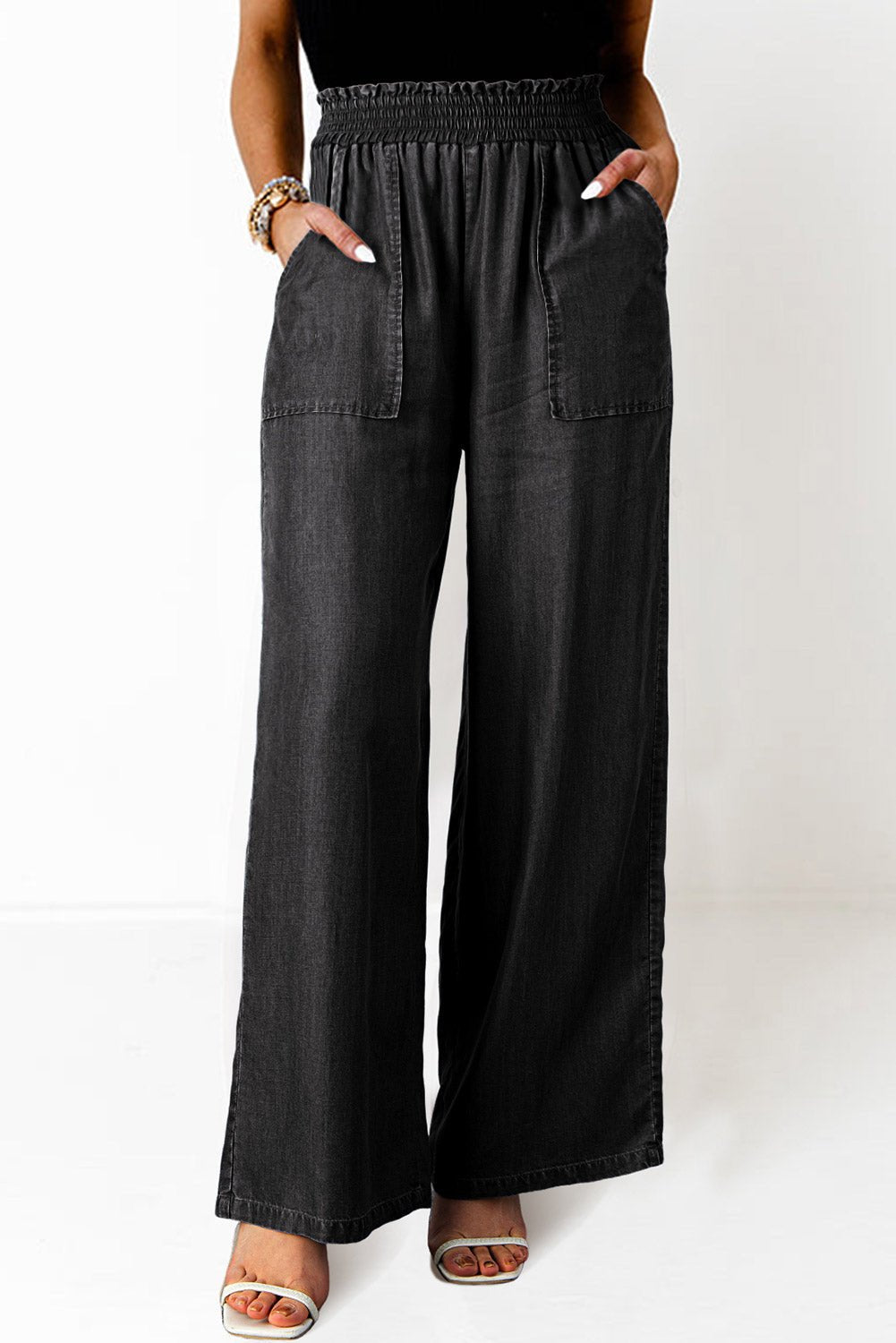 black side pockets frilled smocked high waist wide leg jeans - MAD RUFFI