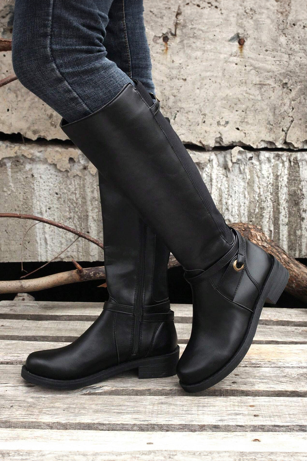 Black Side Zipper Knee High Chunky Low Heel Boots - MAD RUFFI