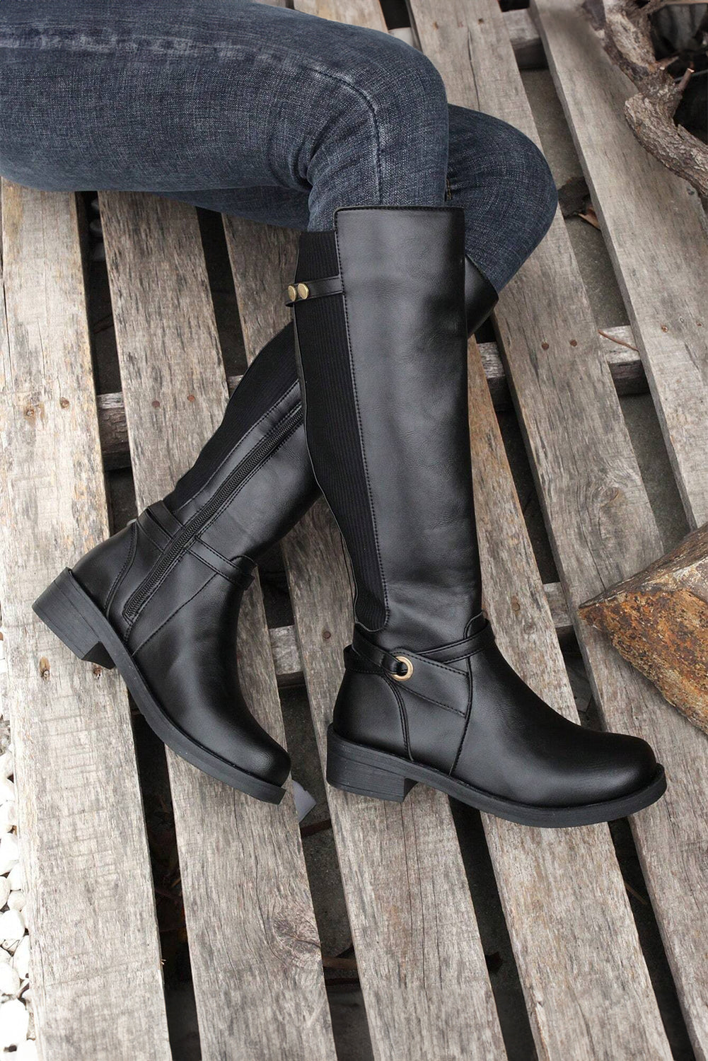 Black Side Zipper Knee High Chunky Low Heel Boots - MAD RUFFI