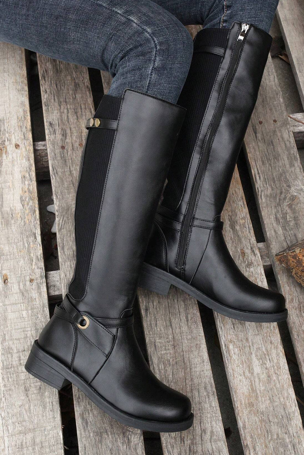 Black Side Zipper Knee High Chunky Low Heel Boots - MAD RUFFI