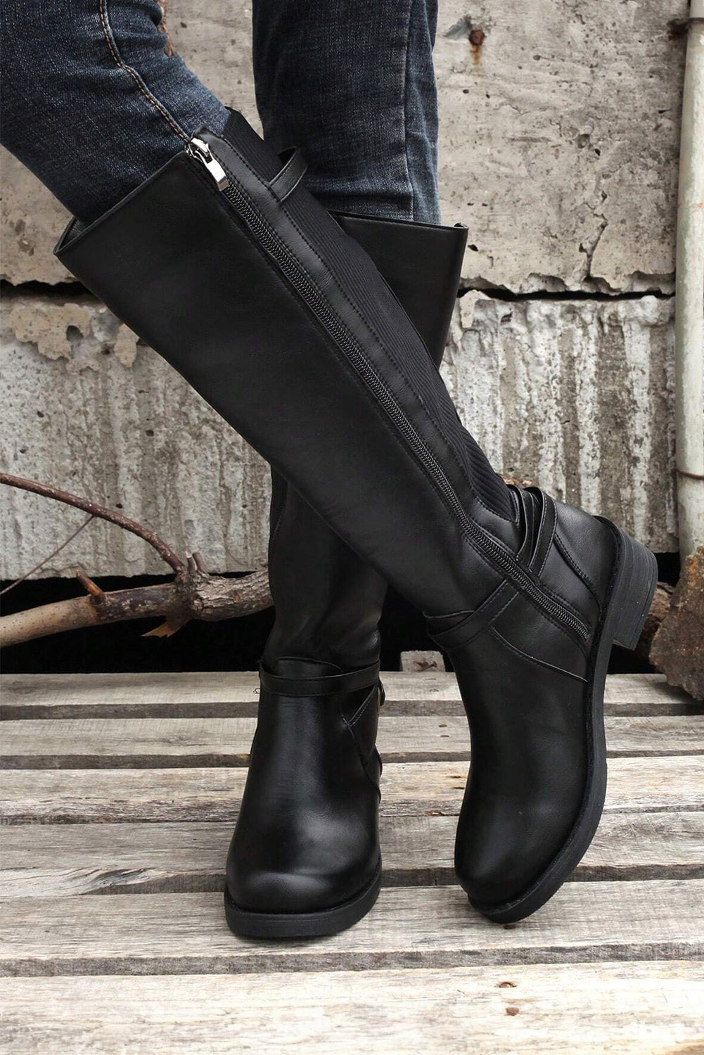 Black Side Zipper Knee High Chunky Low Heel Boots - MAD RUFFI