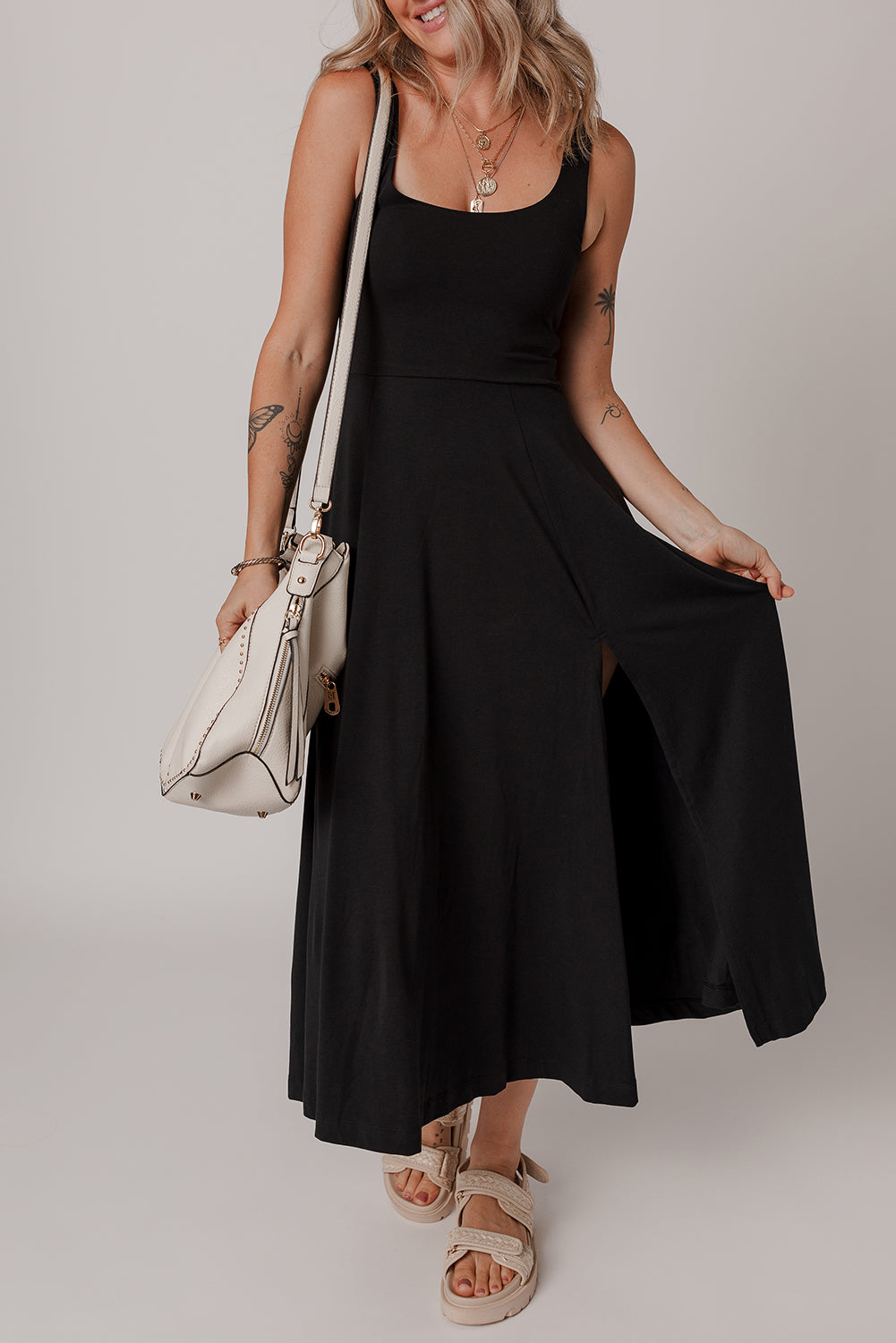 Black Sleeveless Scoop Neck Flared Split Midi Dress - MAD RUFFI