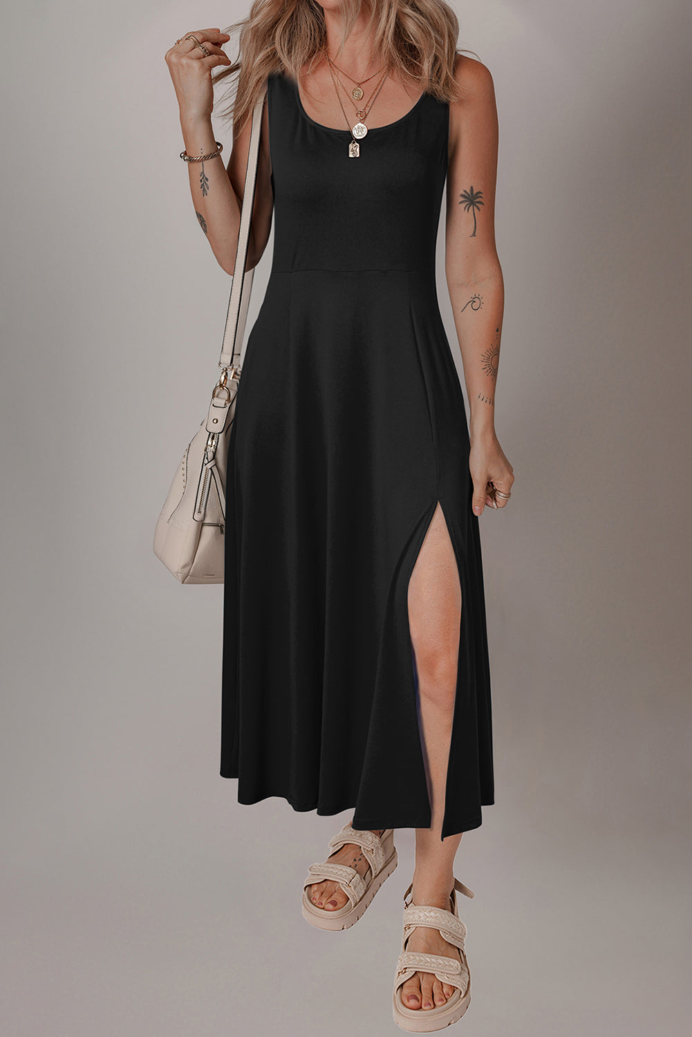 Black Sleeveless Scoop Neck Flared Split Midi Dress - MAD RUFFI