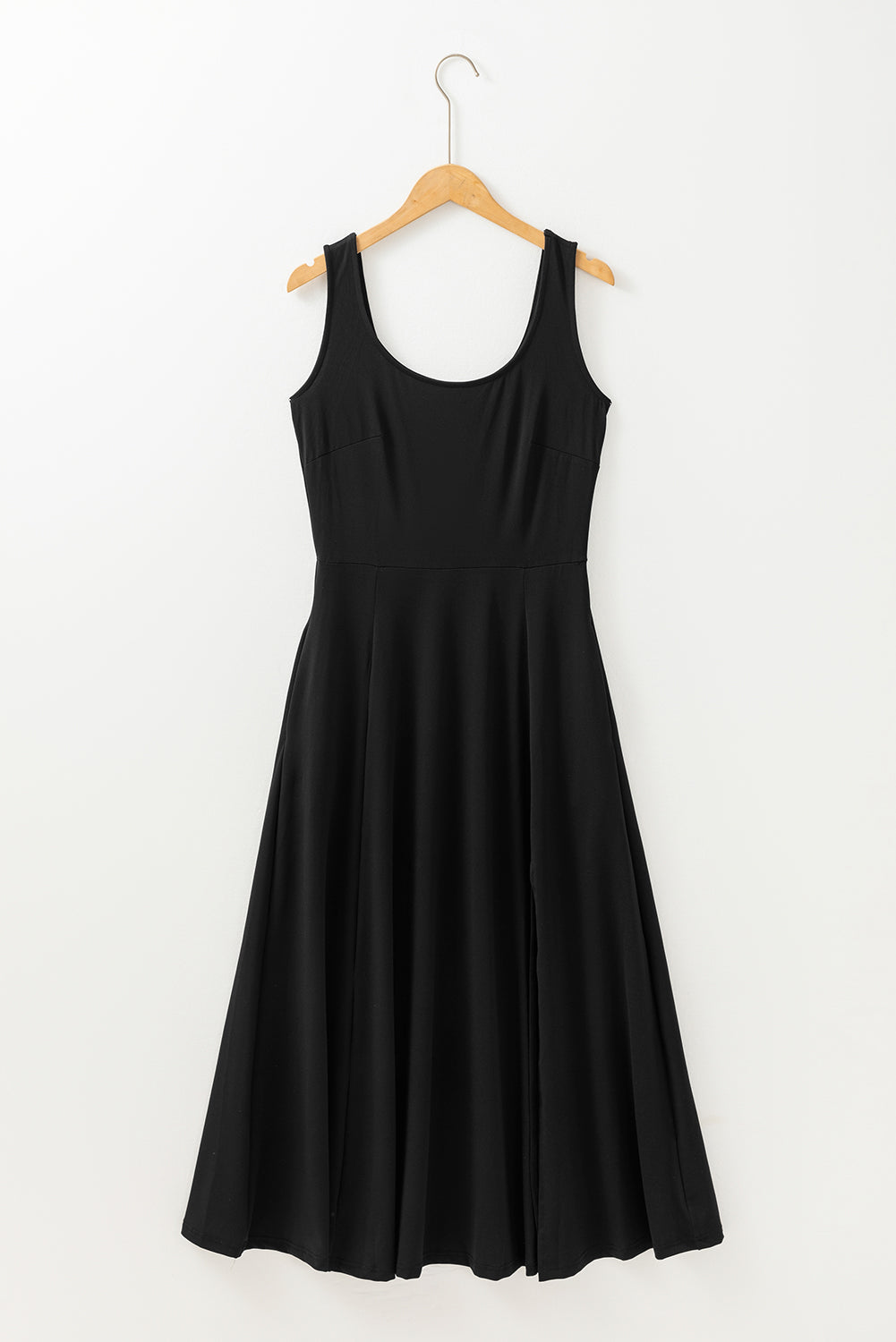 Black Sleeveless Scoop Neck Flared Split Midi Dress - MAD RUFFI