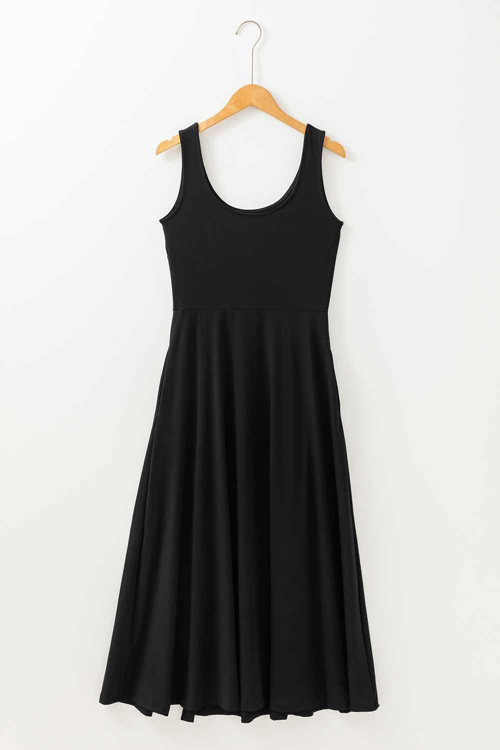 Black Sleeveless Scoop Neck Flared Split Midi Dress - MAD RUFFI