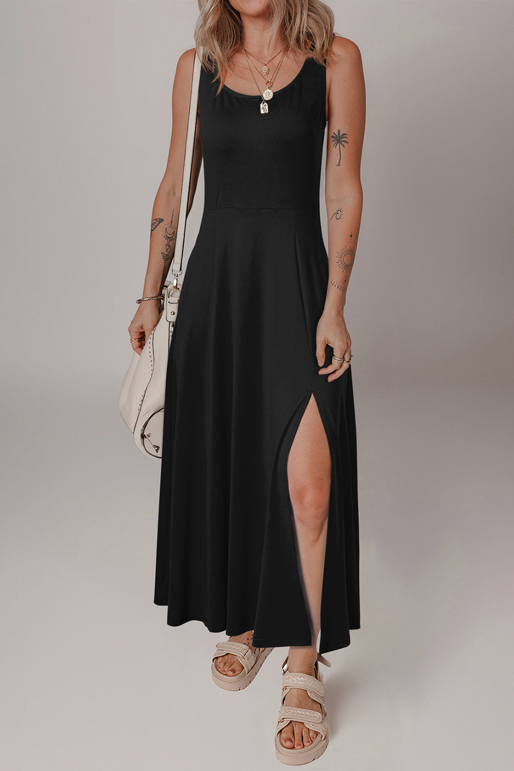 Black Sleeveless Scoop Neck Flared Split Midi Dress - MAD RUFFI